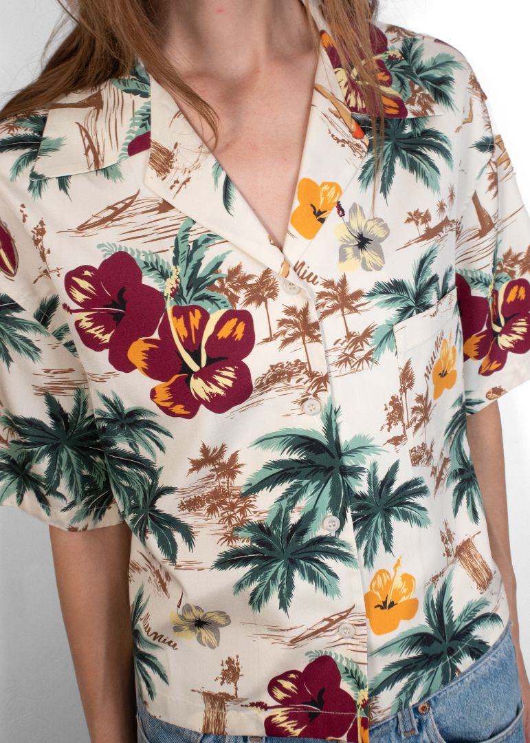 Miu Miu Hawaiian Print Button Down Short Sleeve Shirt