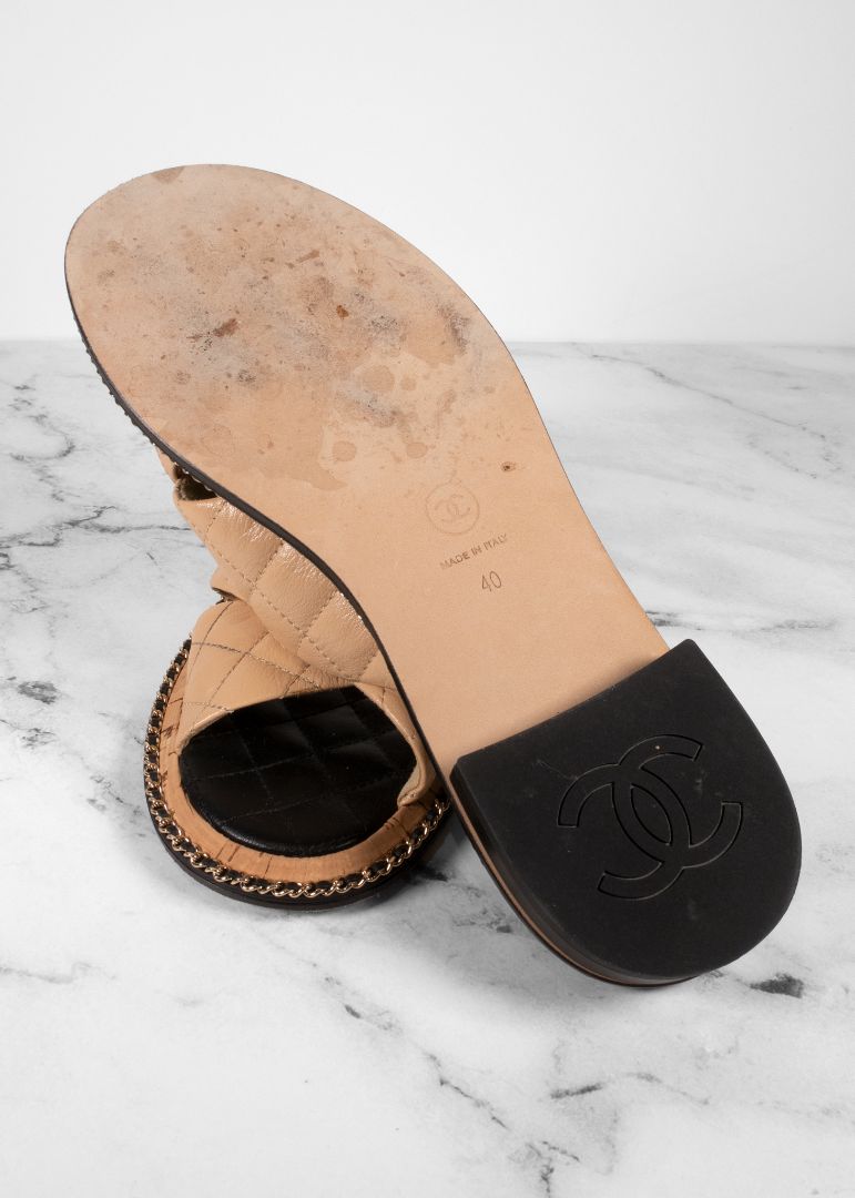 Chanel Beige Quilted Leather Slides