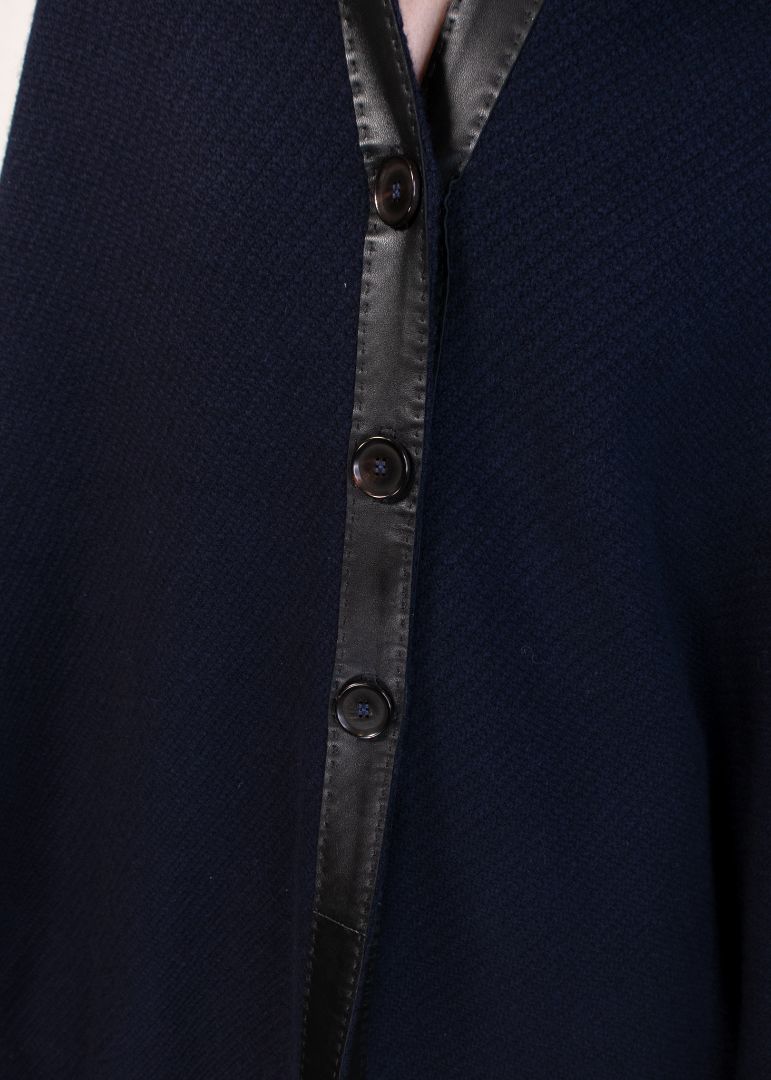 Hermes Navy Poncho With Leather Trim