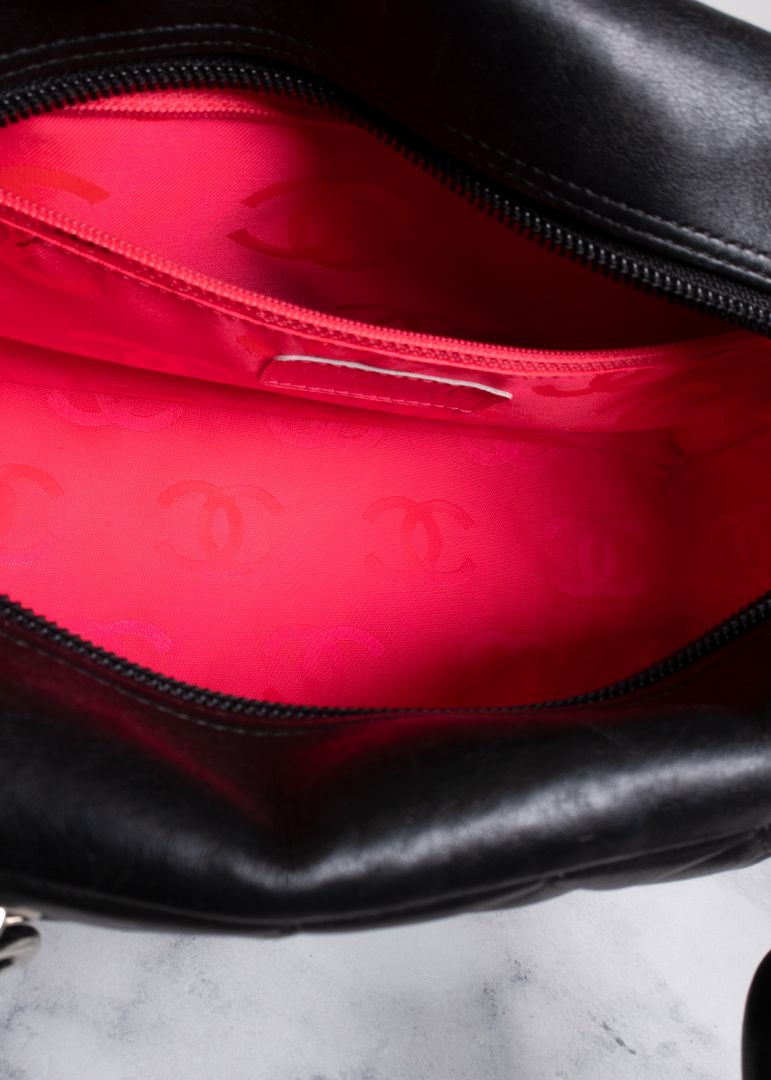 Chanel Black Calfskin Quilted Cambon Bowler Bag With White CC