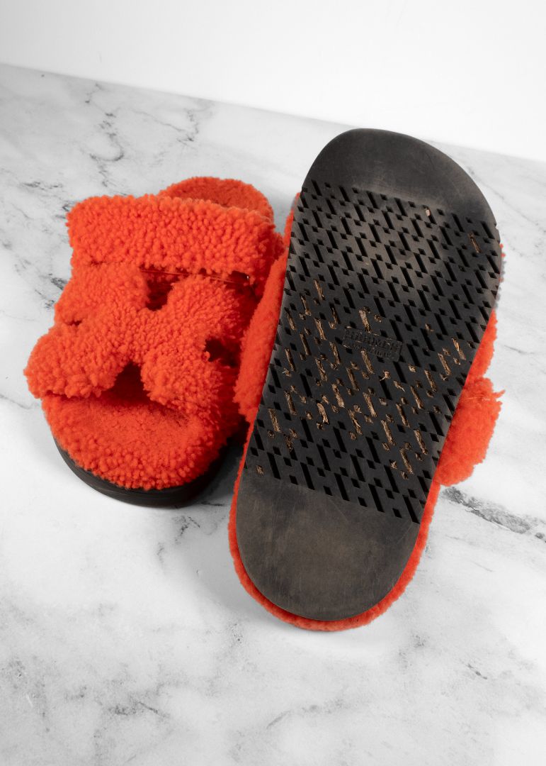 Hermes Orange Shearling Chypre Sandals