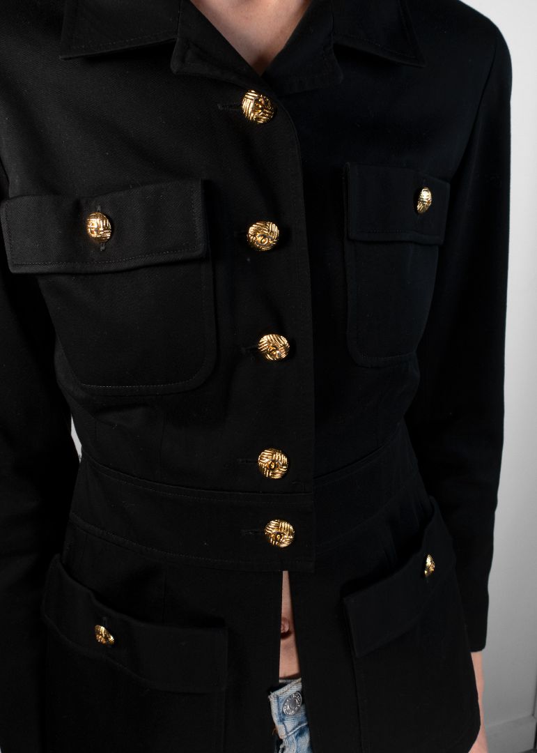 Chanel Black Bouclé Tweed Blazer with Gold CC Buttons