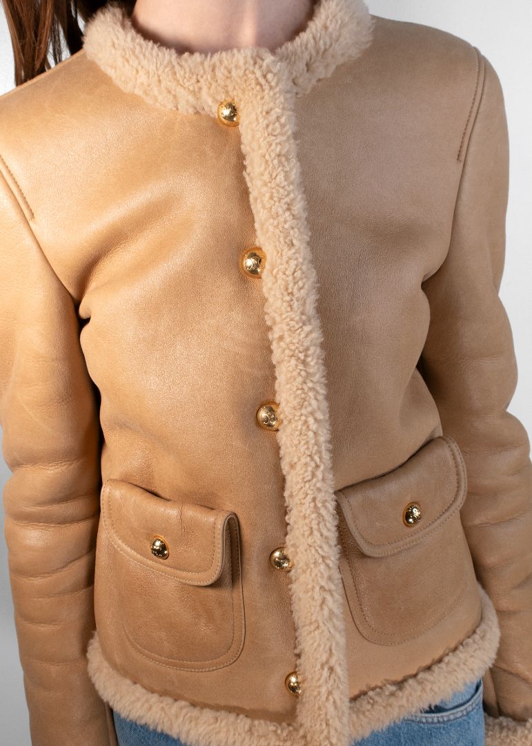 Celine Tan Shearling Cropped Jacket