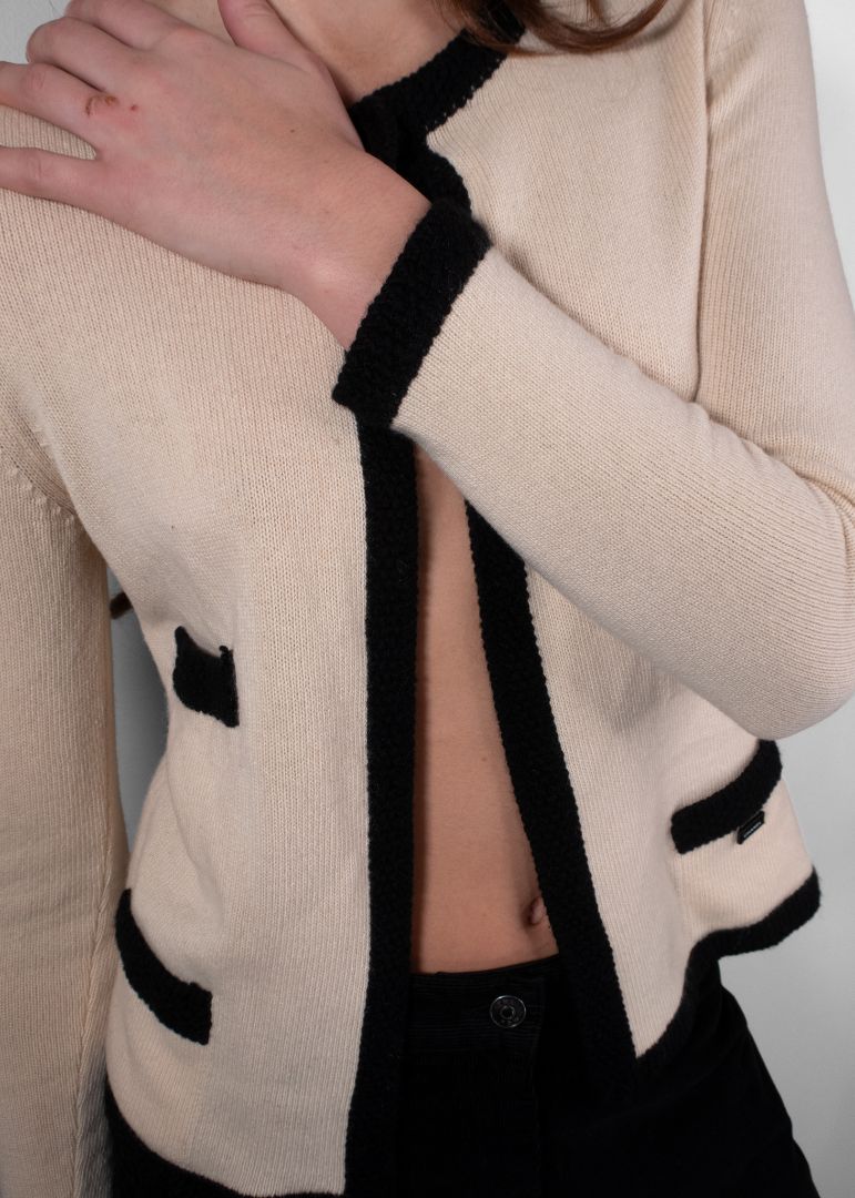 Chanel Cream Vintage Cardigan With Black Crochet Trim