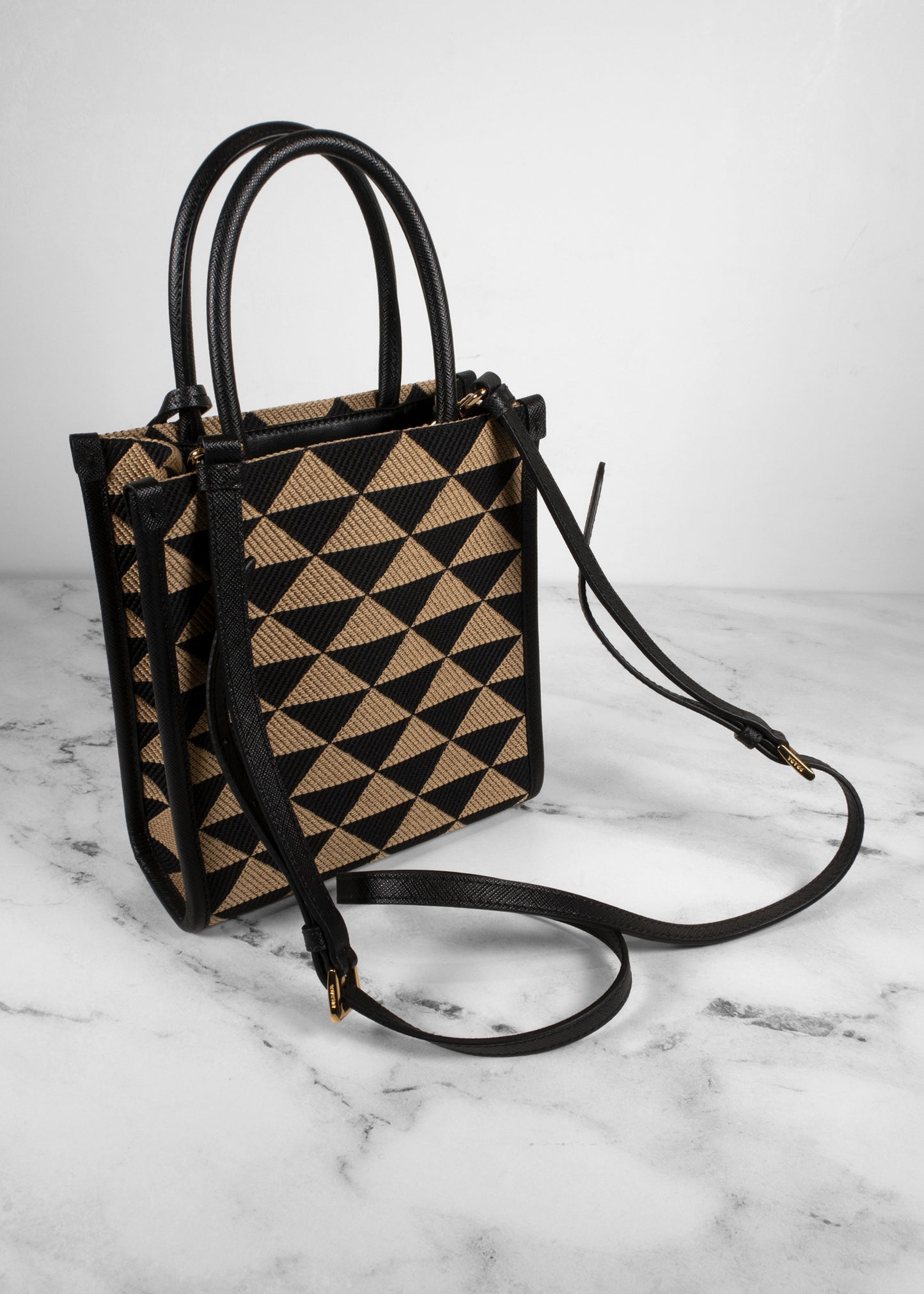 Prada Black And Tan Jacquard Saffiano Triangolo Symbole Mini Tote