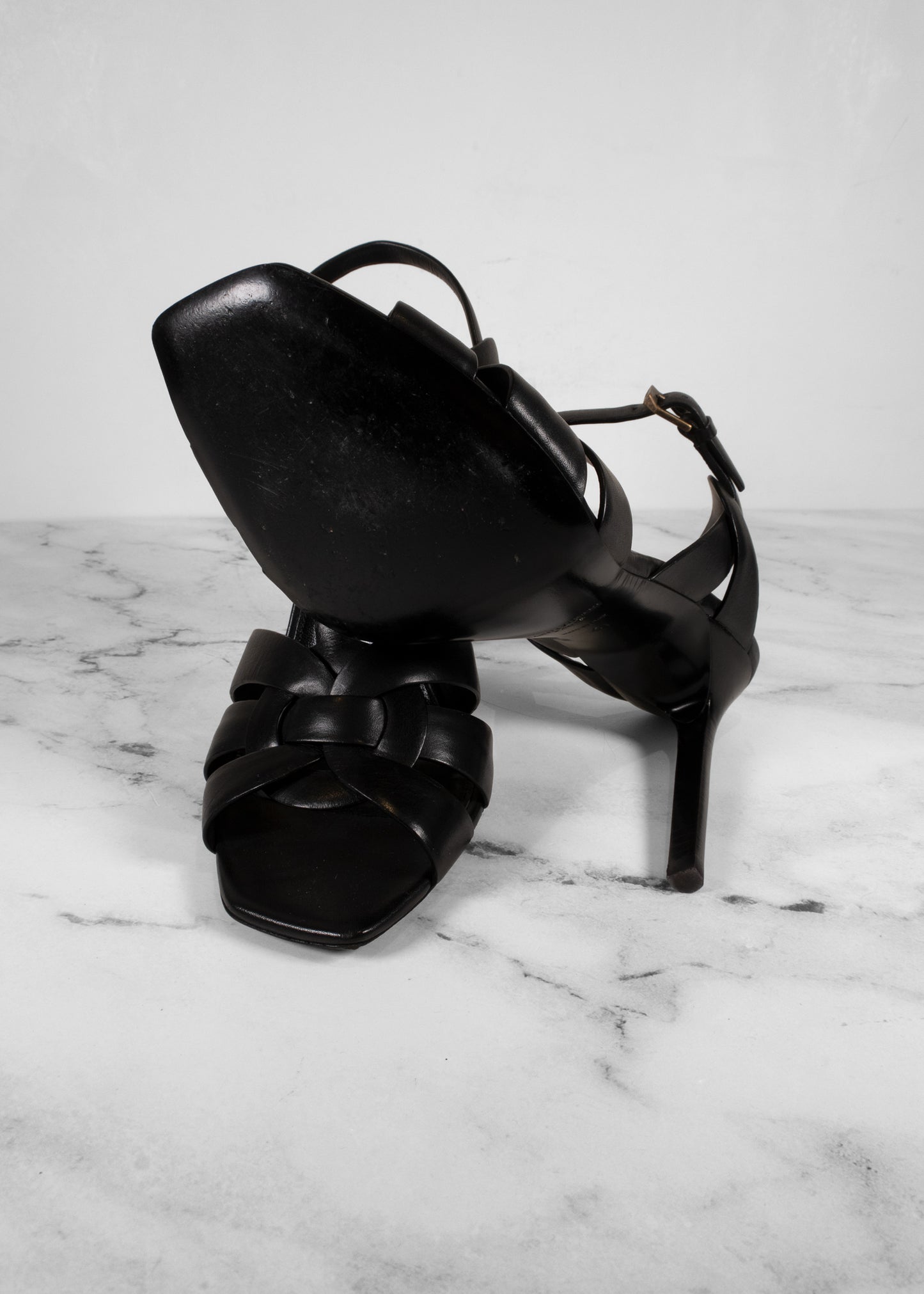 Saint Laurent YSL tribute Black Leather Strappy Heeled Sandals