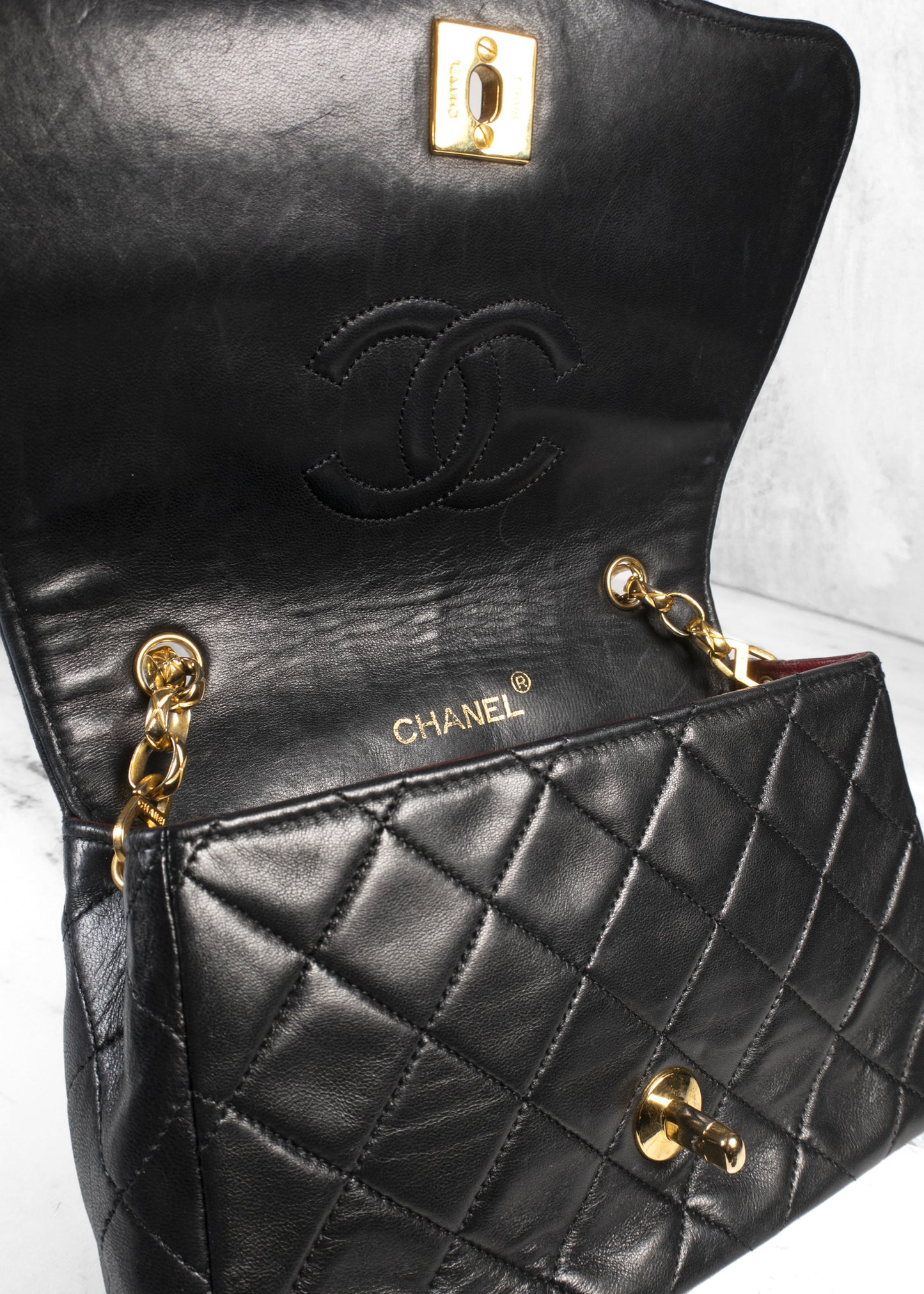 Chanel Black Quilted Lambskin Leather Small Chain Flap Bag
