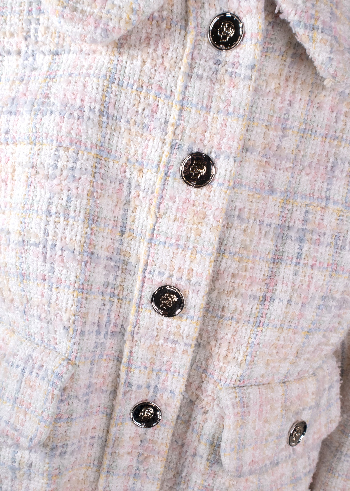Chanel White/Light Pink Tweed Bomber Jacket With Silver Buttons