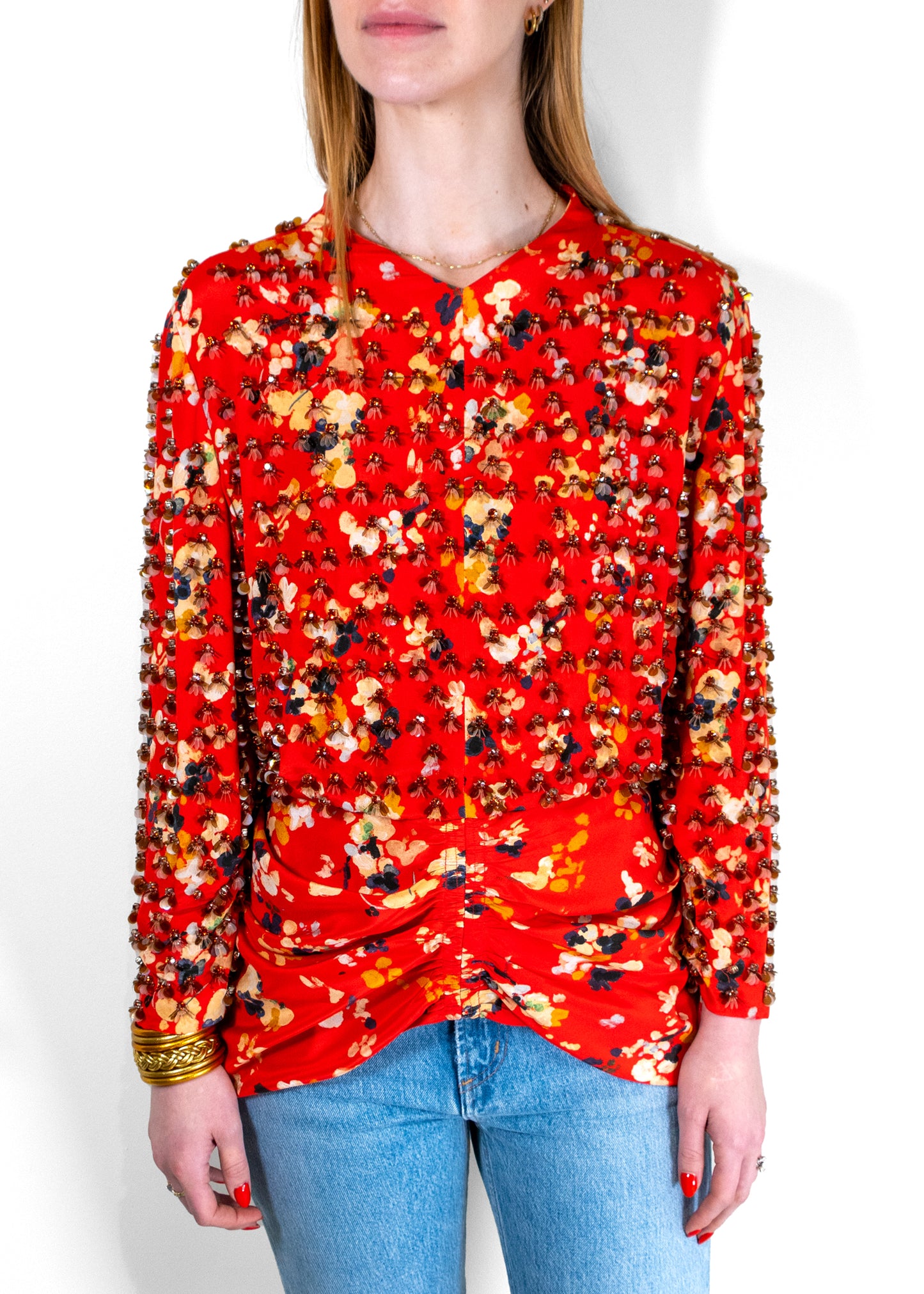 Christian Dior Printed Silk Top With Fantasy Pearls