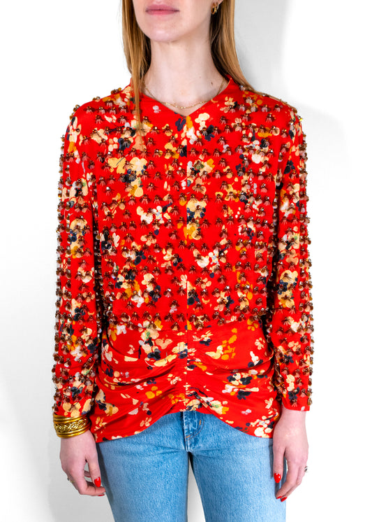 Christian Dior Printed Silk Top With Fantasy Pearls