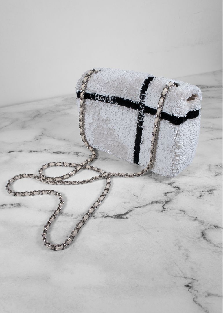 Chanel White And Black Sequin Bow Mini Flap Bag With Silver Hardware