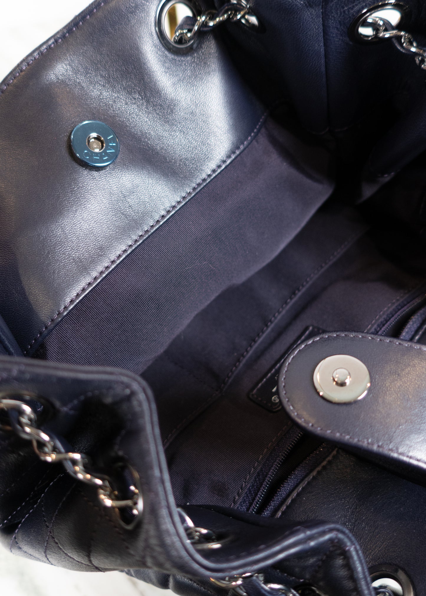 Chanel Deep Blue Lambskin Quilted Large Drawstring Bag