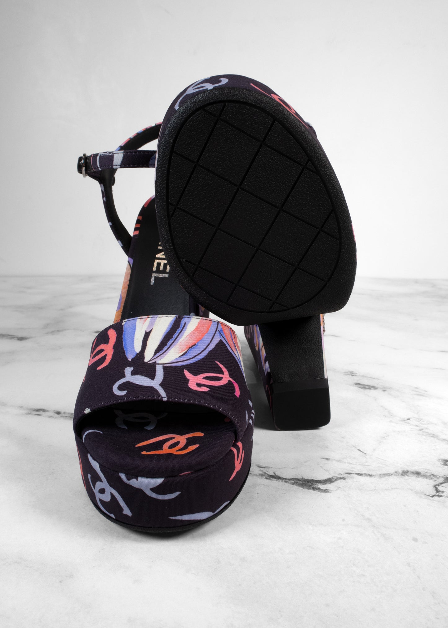 Chanel 24SS Multicolor Floral Print CC Logo Platform Block Heel Sandals
