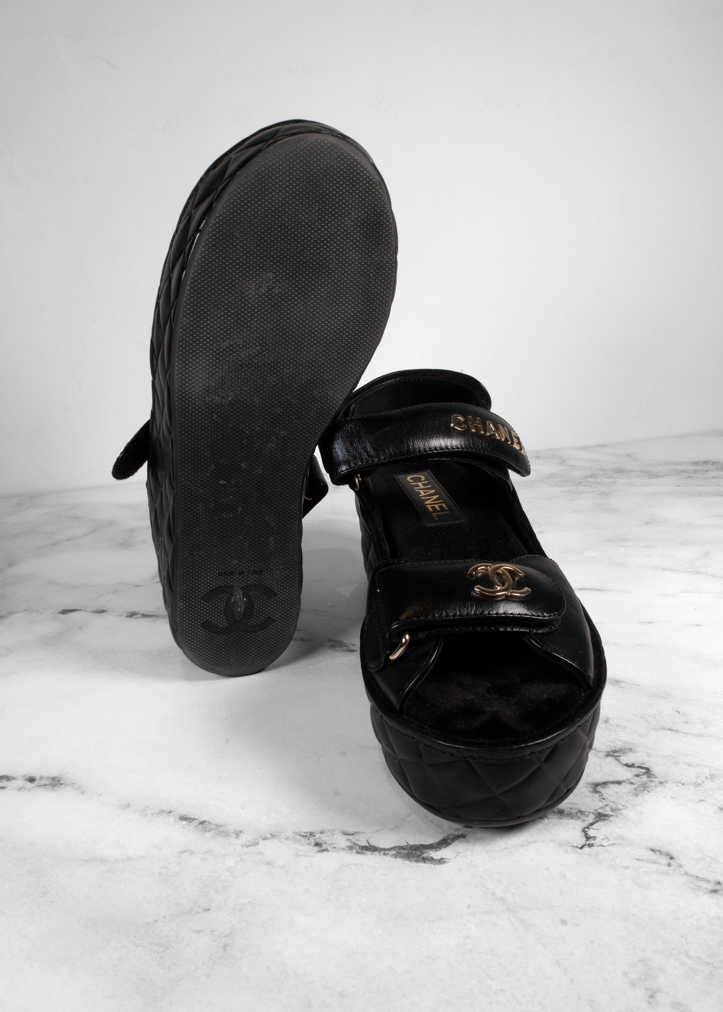 Chanel Black Shiny Calfskin Quilted Logo Platform Wedge Sandals