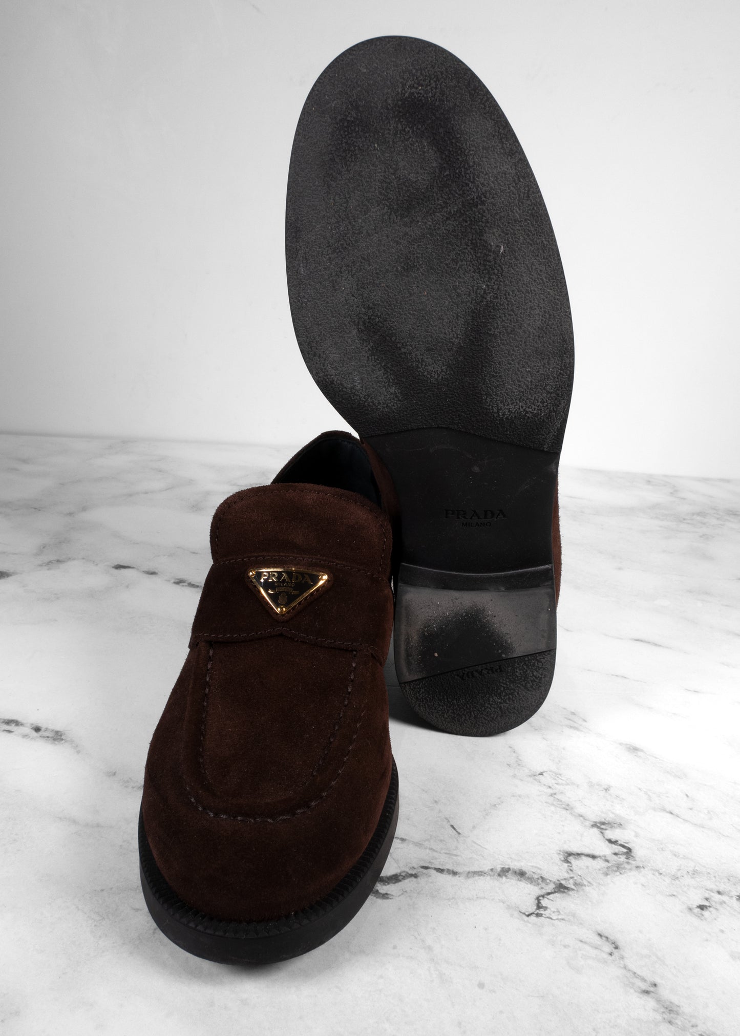 Prada Chocolate Suede Triangle Logo Loafers