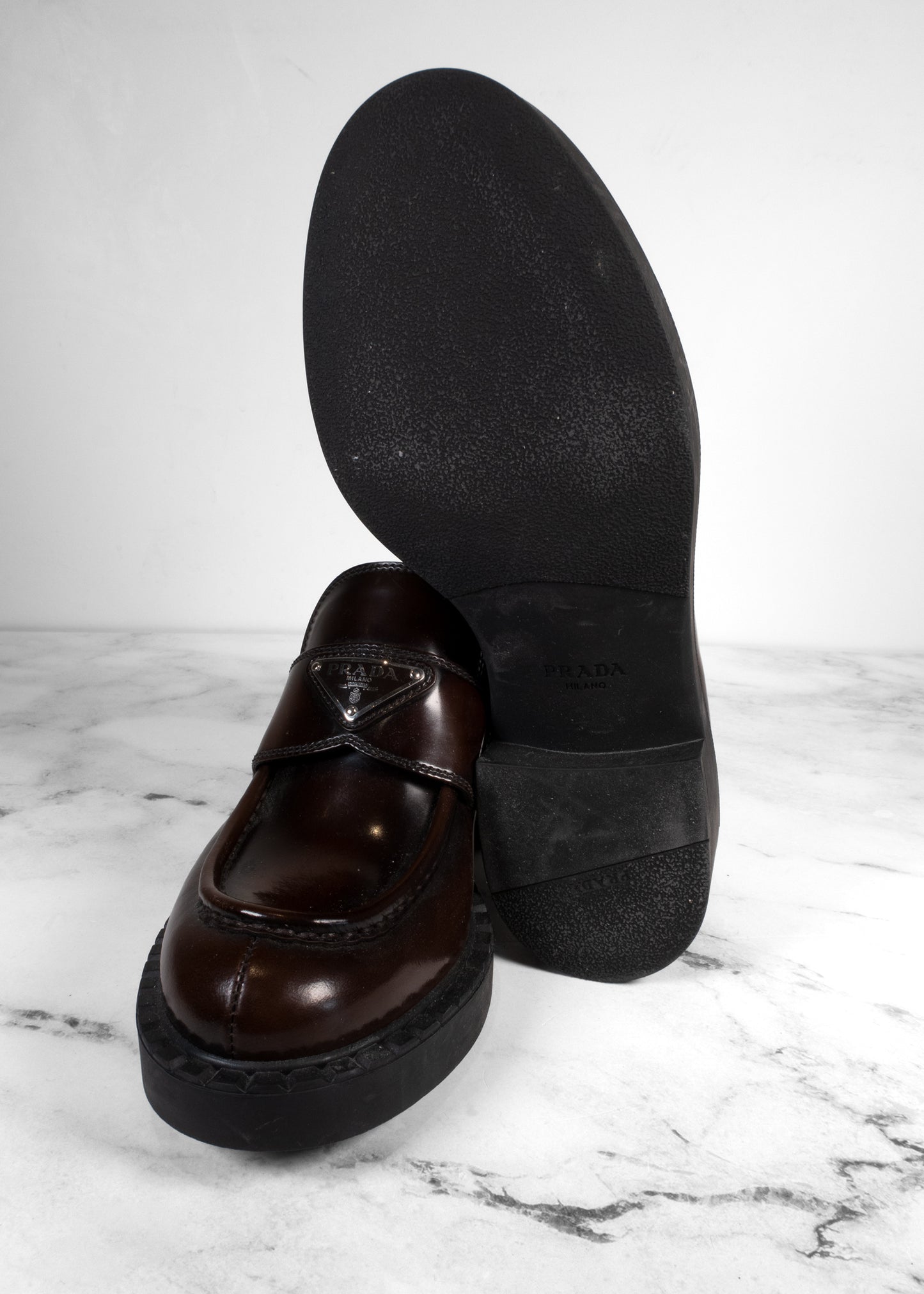 Prada Chocolate Brushed Leather Triangle Logo Loafers