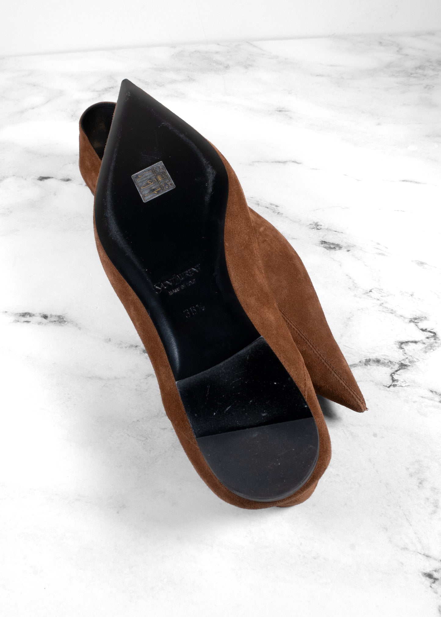 Saint Laurent Ana Pointed-Toe Suede Flats in Chestnut Brown