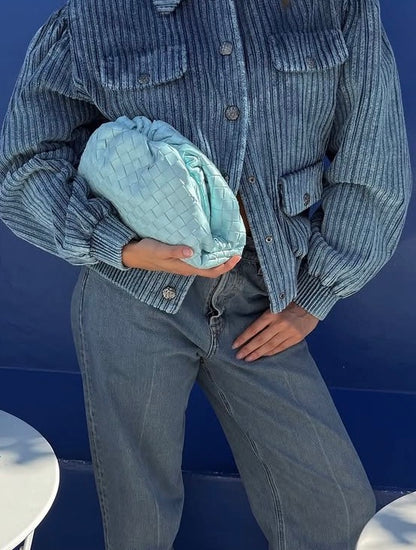 Bottega Veneta The Pouch Sky Blue Intercciato Woven Leather Clutch