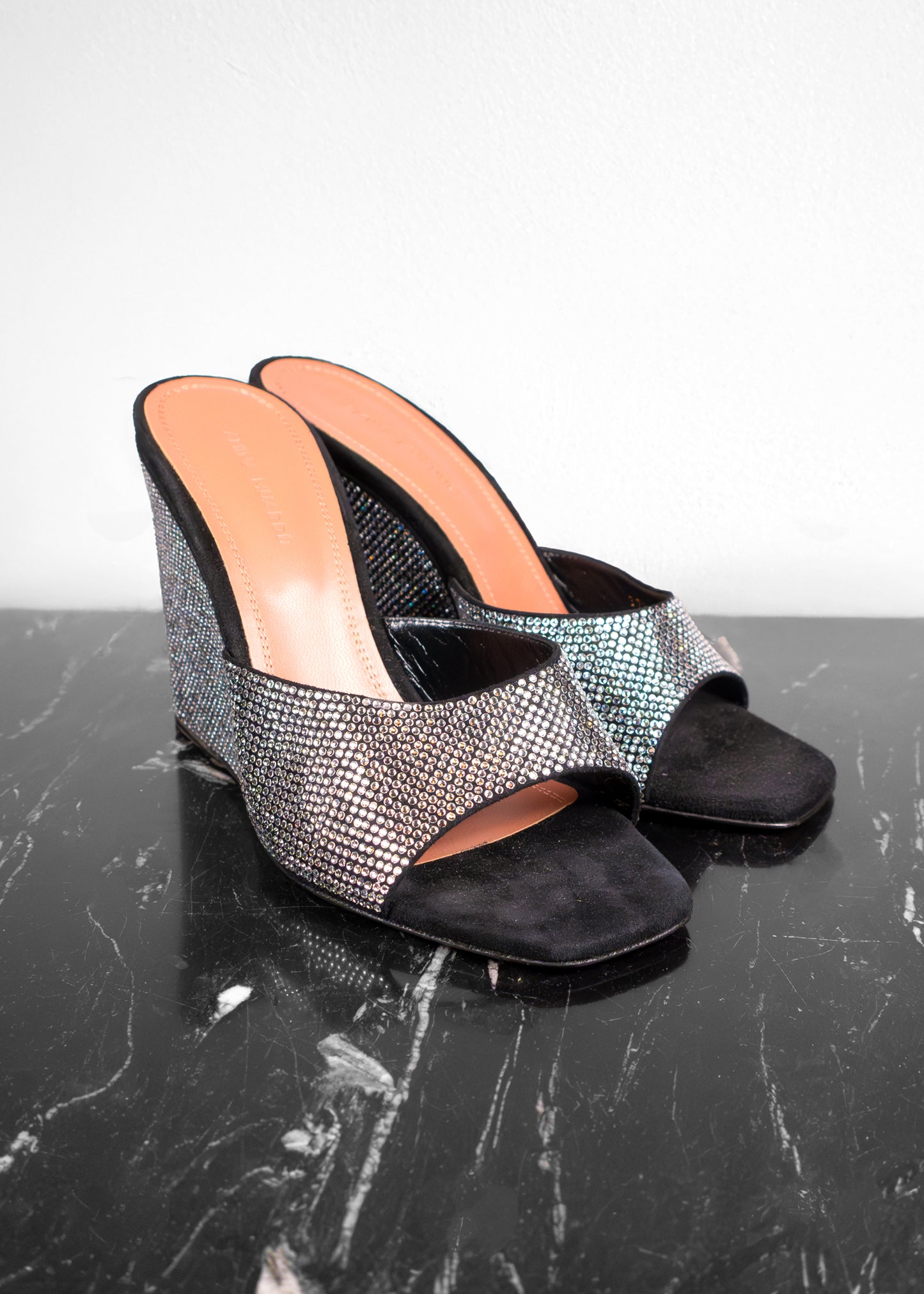 Amina Muaddi Black Crystals Suede Lupita Wedge