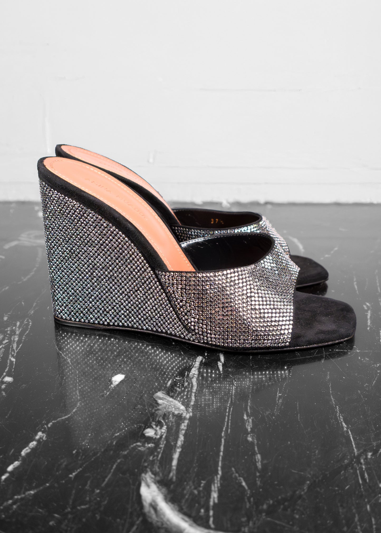 Amina Muaddi Black Crystals Suede Lupita Wedge