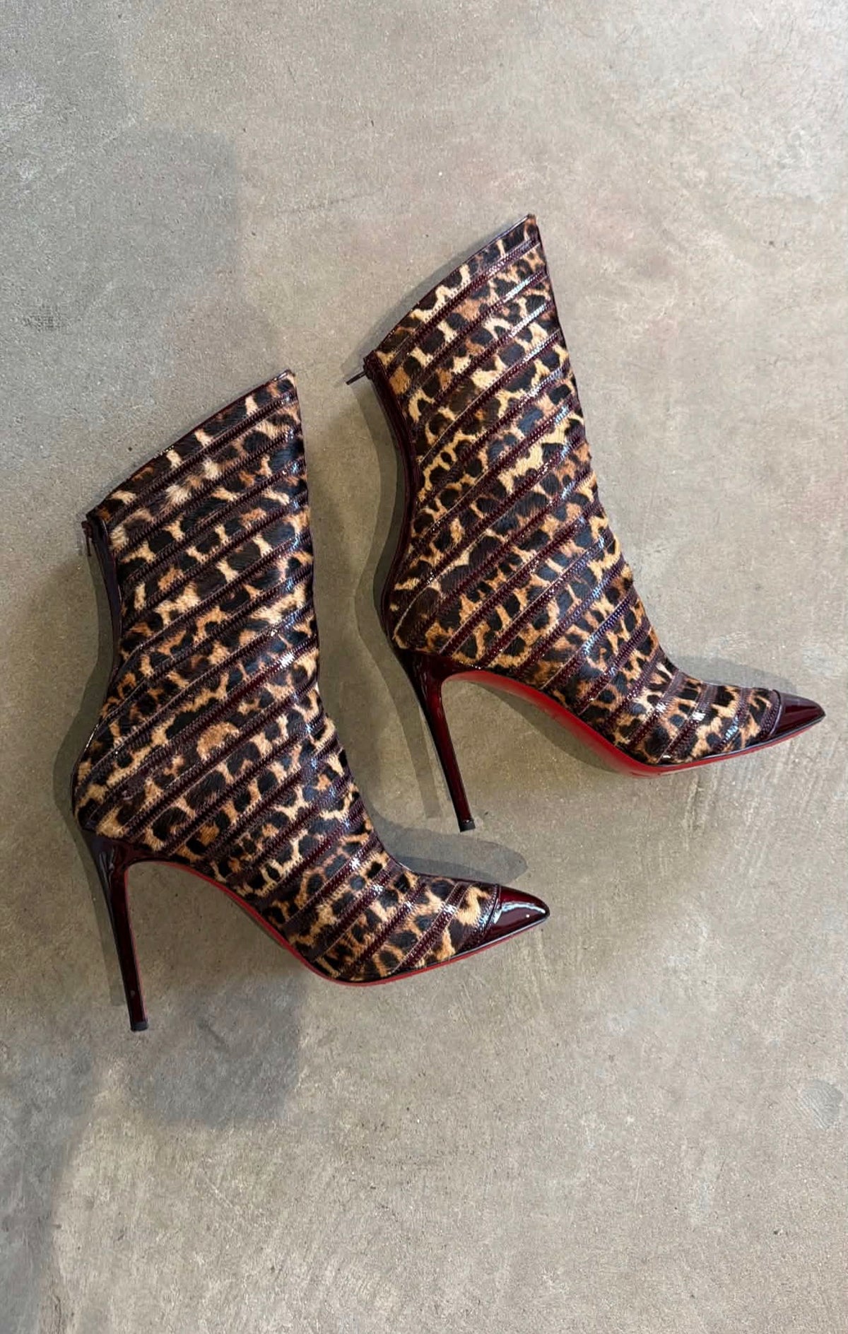 Christian Louboutin Leopard Print Calf Hair Stiletto Boots With Burgundy Patent Leather Stripes And Red Bottoms Size 40.5