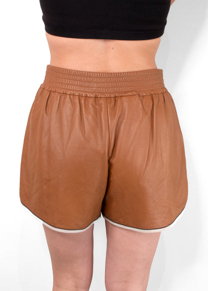 Brunello Cucinelli Glove Leather Pull-On Track Shorts w/ Monili Trim