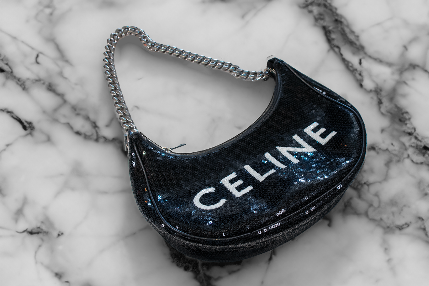 Celine Sequin Medium Chain Ava Shoulder Bag Black