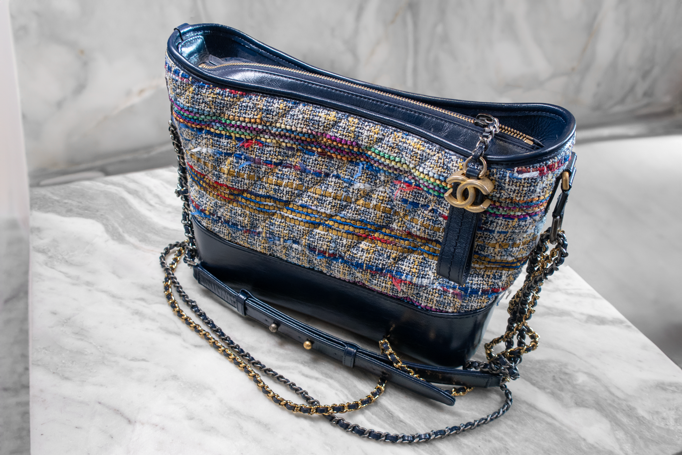 Chanel Tweed Calfskin Medium Gabrielle Blue Hobo Bag