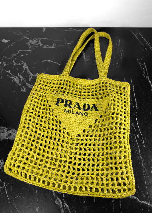 Prada Yarn Raffia Effect Crochet Logo Embroidered Cedro Tote Bag