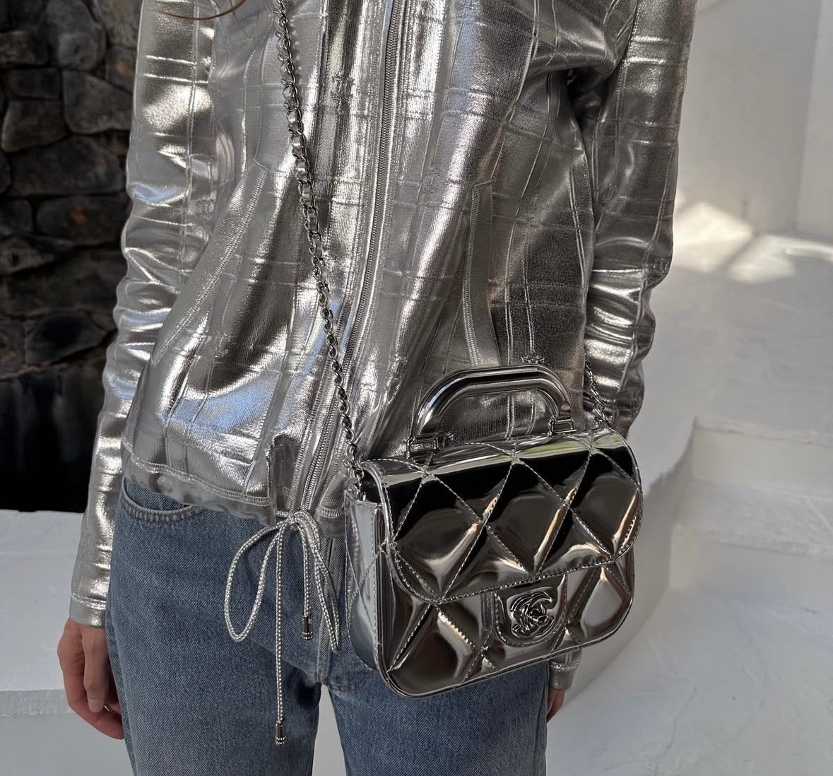 Chanel Metallic Silver Leather Small Top Handle Bag