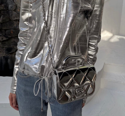 Chanel Metallic Silver Leather Small Top Handle Bag