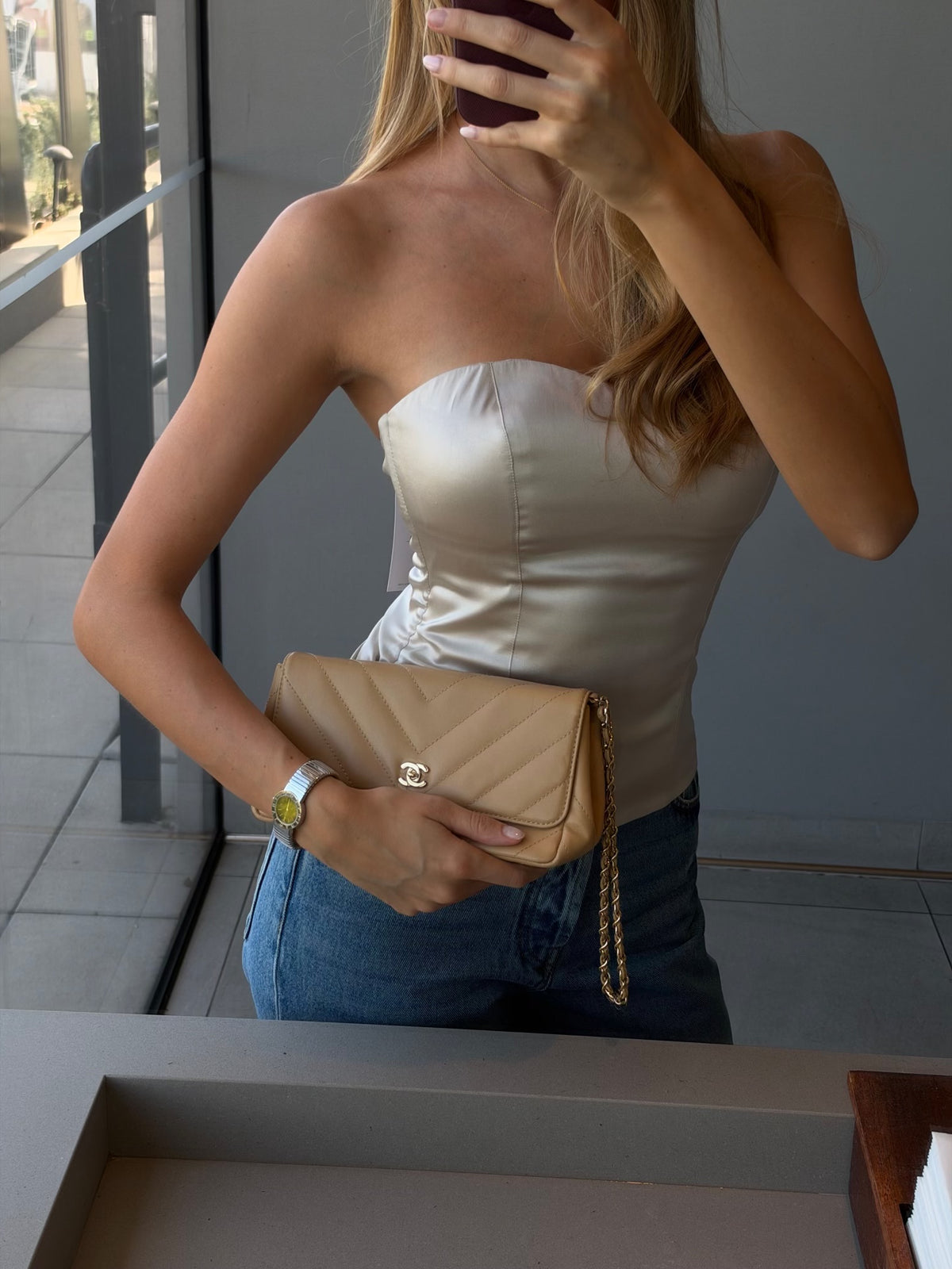Chanel Vintage Beige Chevron Lambskin Leather Chain Wristlet Clutch Bag