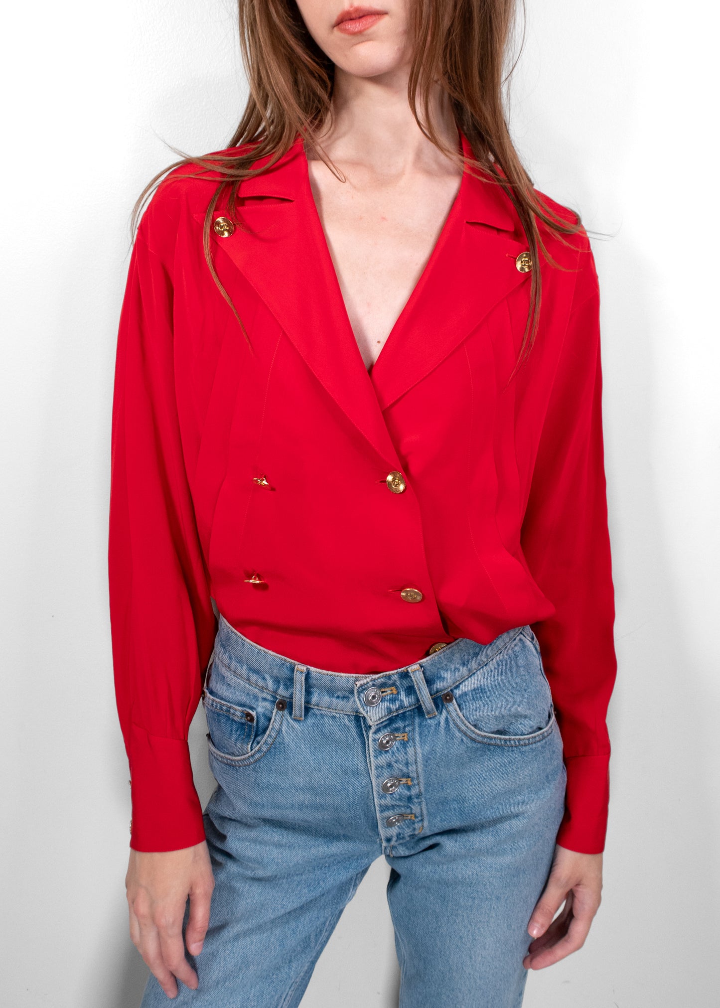 Chanel Vintage Red Silk Double-Breasted Blouse
