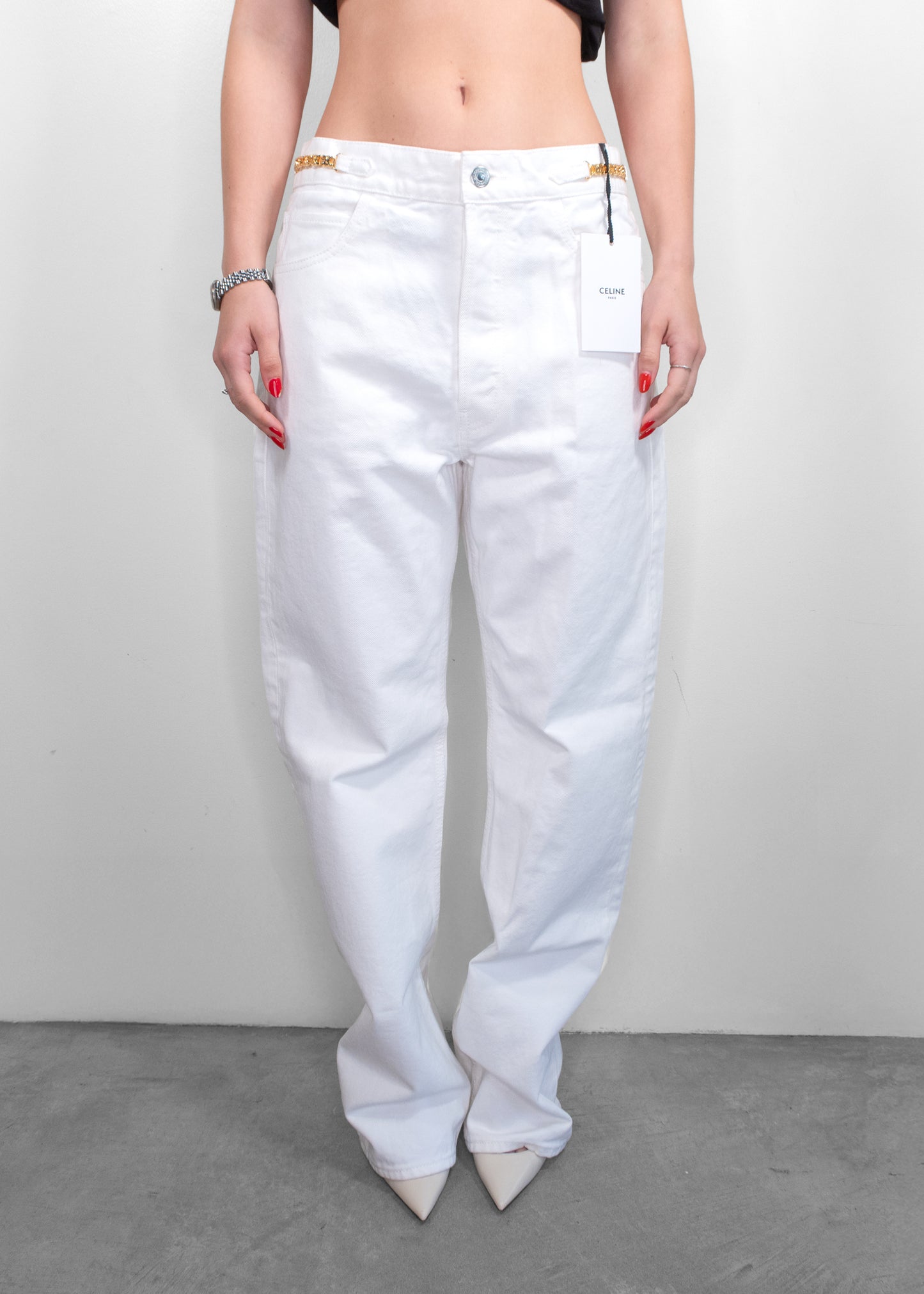 Celine White Chain Detail High-Rise Jeans