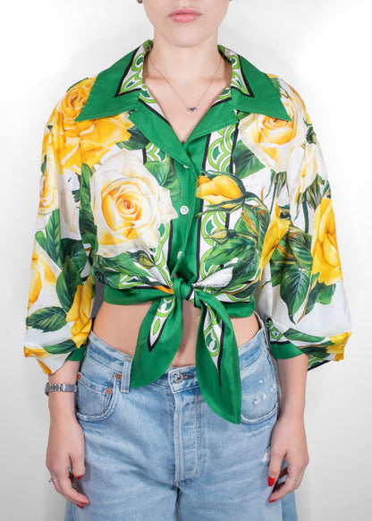 Dolce & Gabbana Yellow Rose Print Tie-Front Blouse