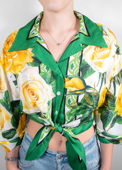 Dolce & Gabbana Yellow Rose Print Tie-Front Blouse