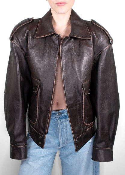 Saint Laurent Dark Brown Leather Bomber Jacket