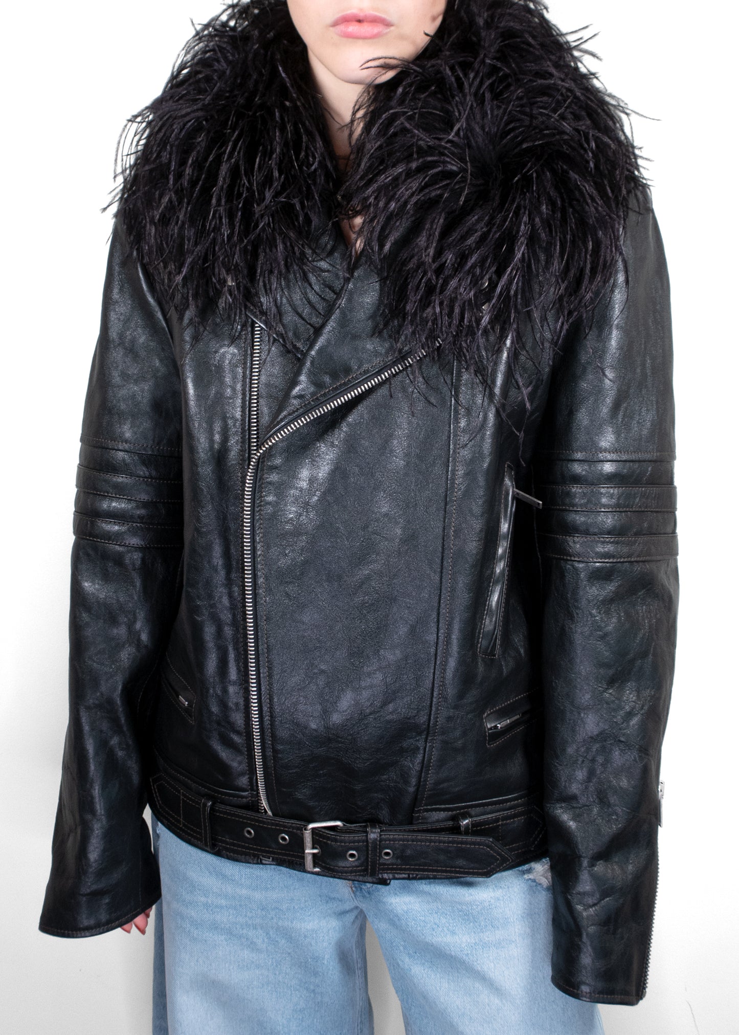 Saint Laurent Black Leather Jacket With Feather Collar