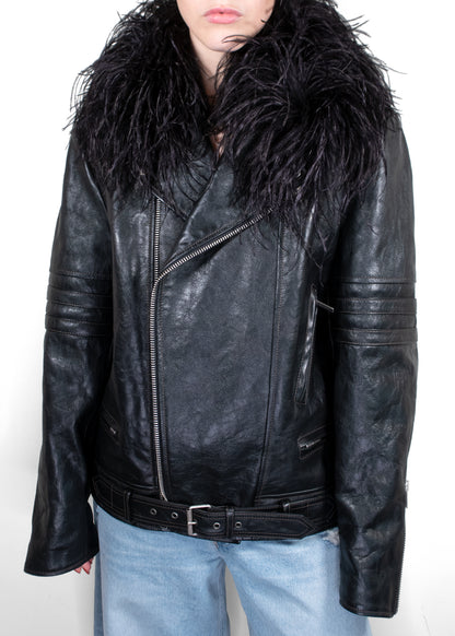 Saint Laurent Black Leather Jacket With Feather Collar
