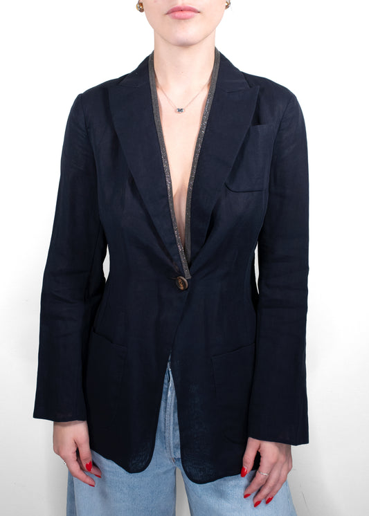Brunello Cucinelli Navy Linen Blazer With Lurex Trim