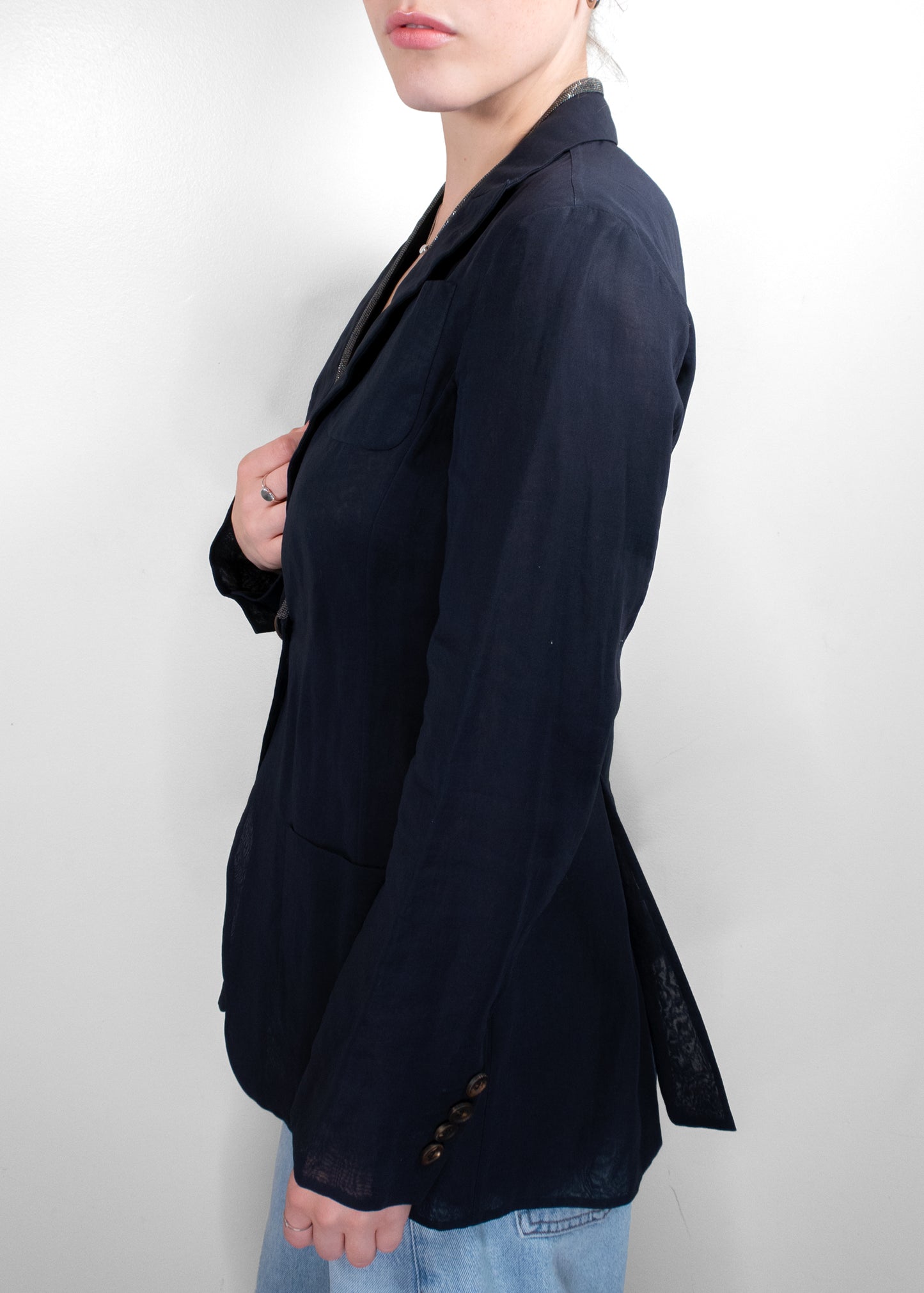 Brunello Cucinelli Navy Linen Blazer With Lurex Trim