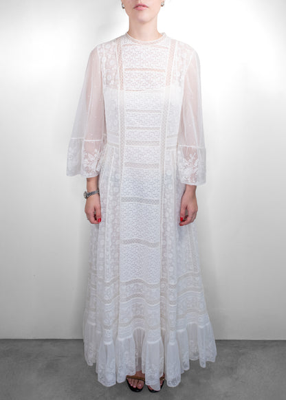 Dior White Embroidered Sheer Lace Maxi Dress