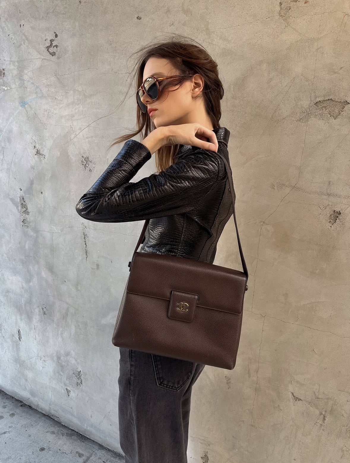 Chanel Brown Caviar Leather Shoulder Bag With Gold CC