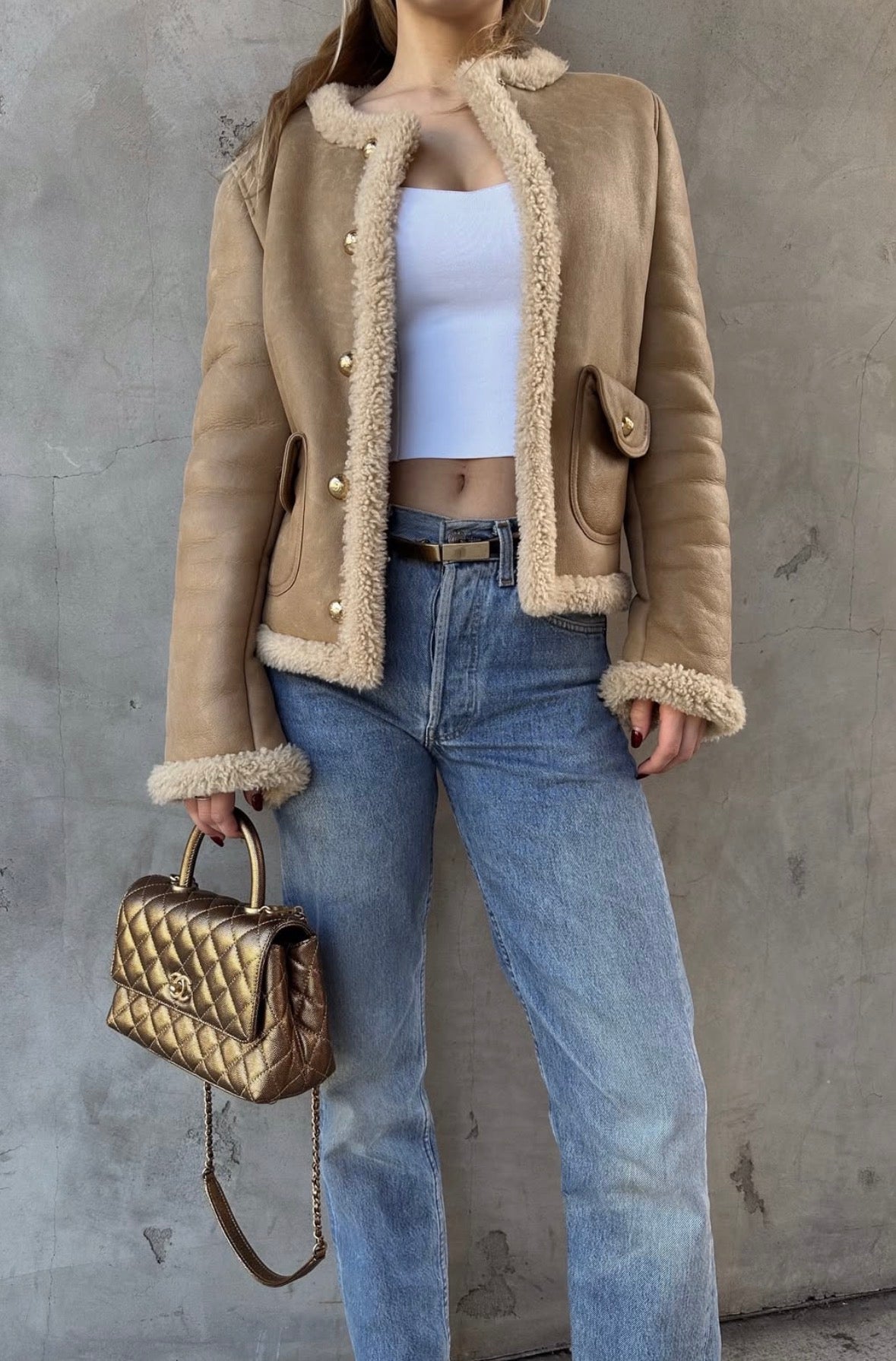 Chanel Gold Caviar Leather Top Handle Flap Bag