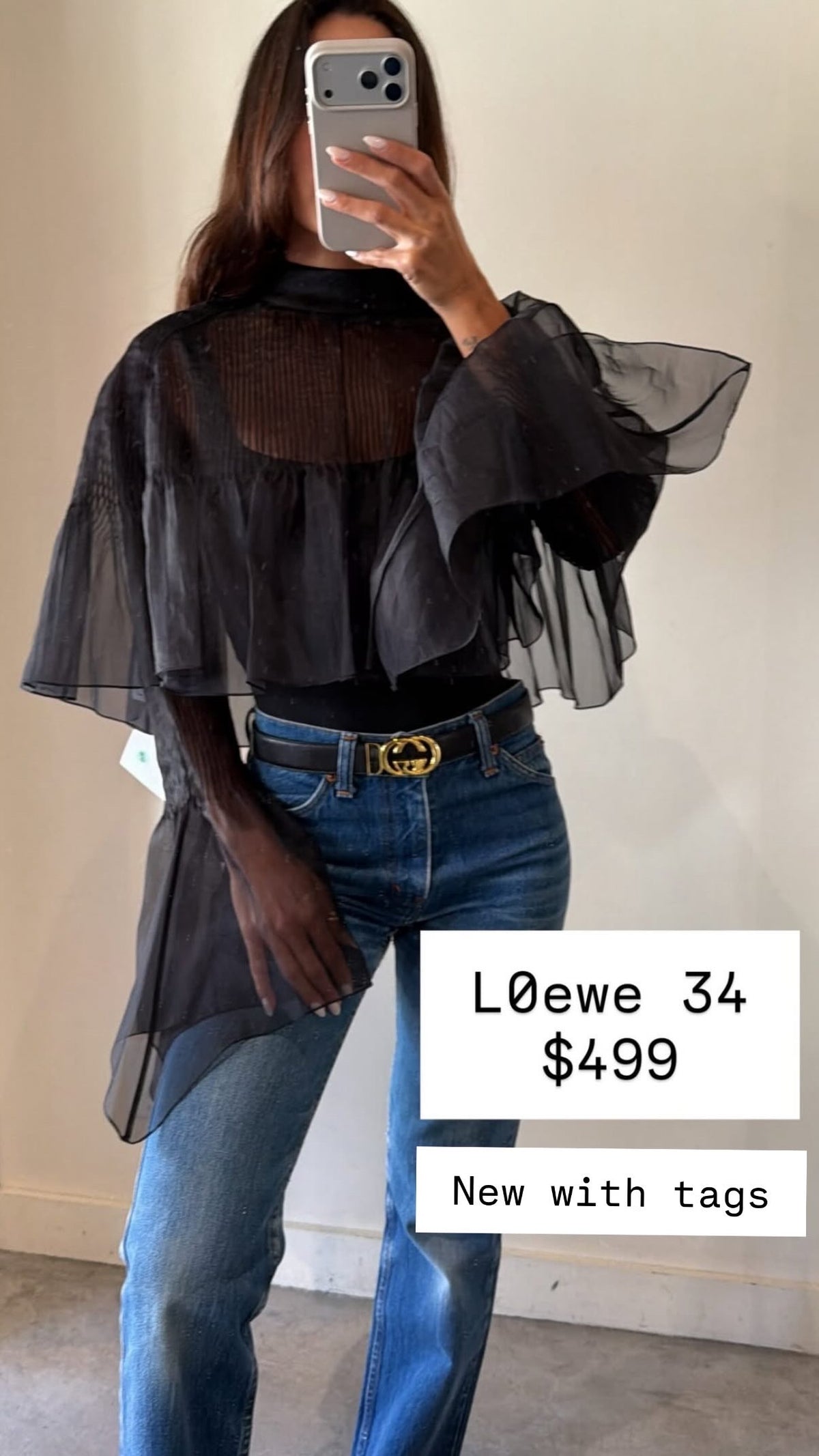 Loewe Black Silk Sheer Organza Long Sleeve Shirt Size 34 Nwt