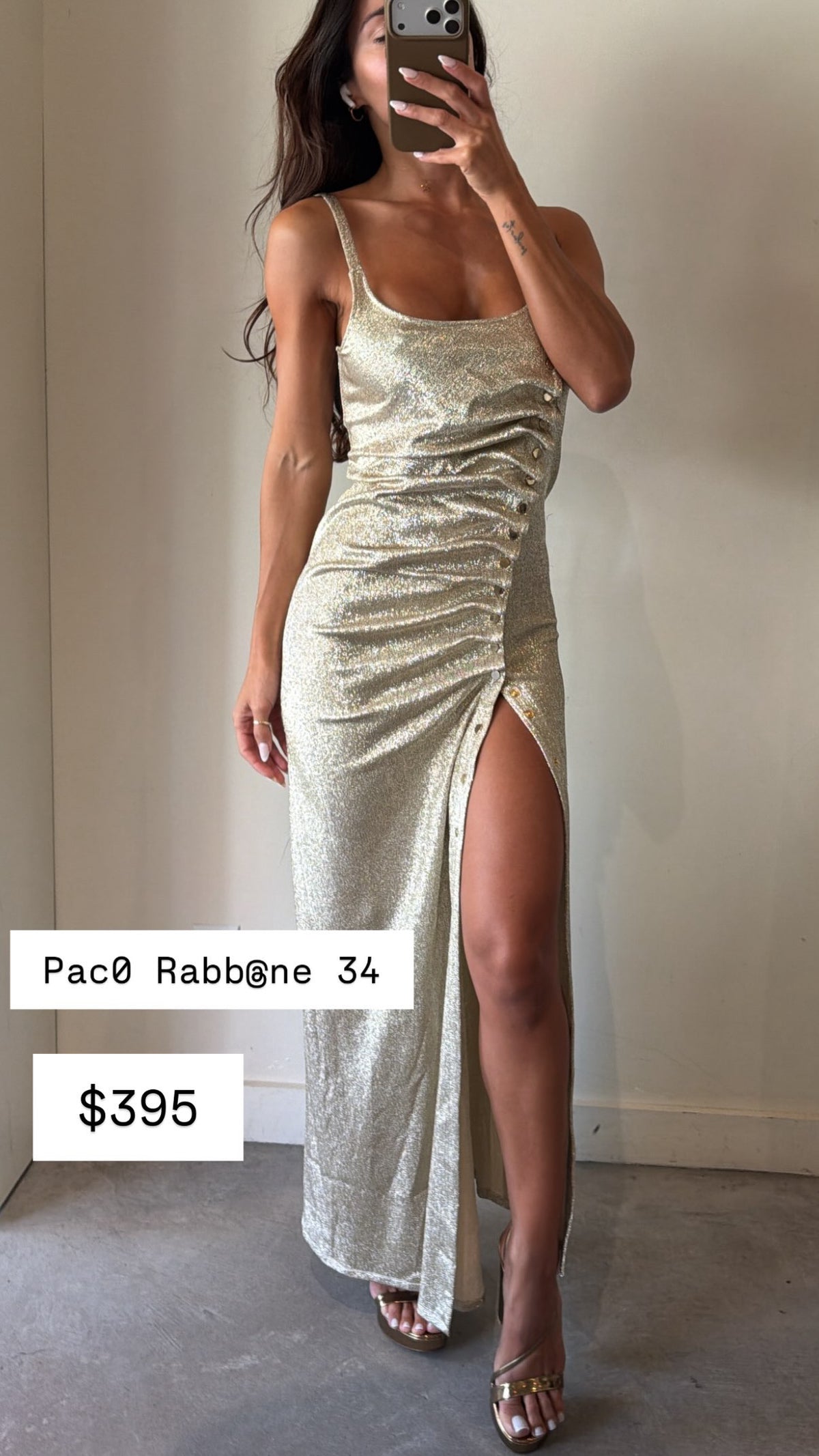 Paco Rabanne Gold Metallic Sleeveless Midi Dress With Ruched Detail And Gold Buttons Size 34