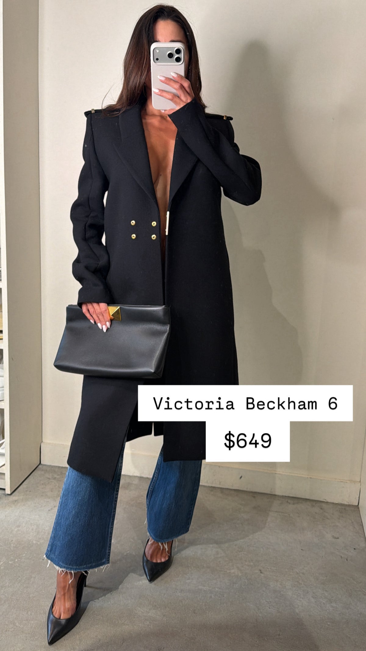 Victoria Beckham Black Coat With Silver Front Buckle At Closure And Gold Hardware Detail On Shoulders Size 6