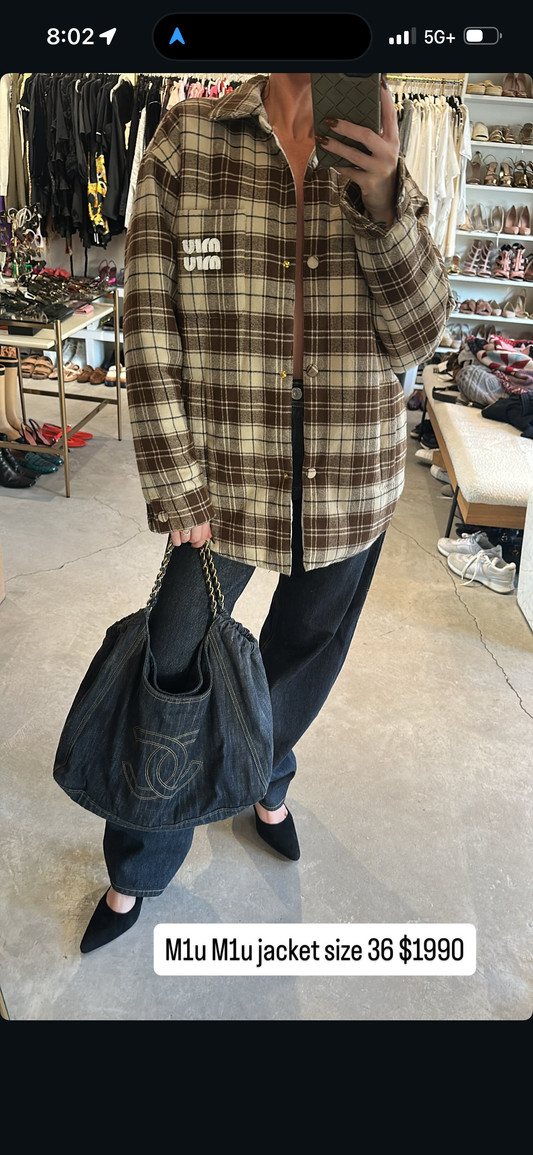 Miu Miu Brown Plaid Oversized Wool-Blend Overshirt Jacket