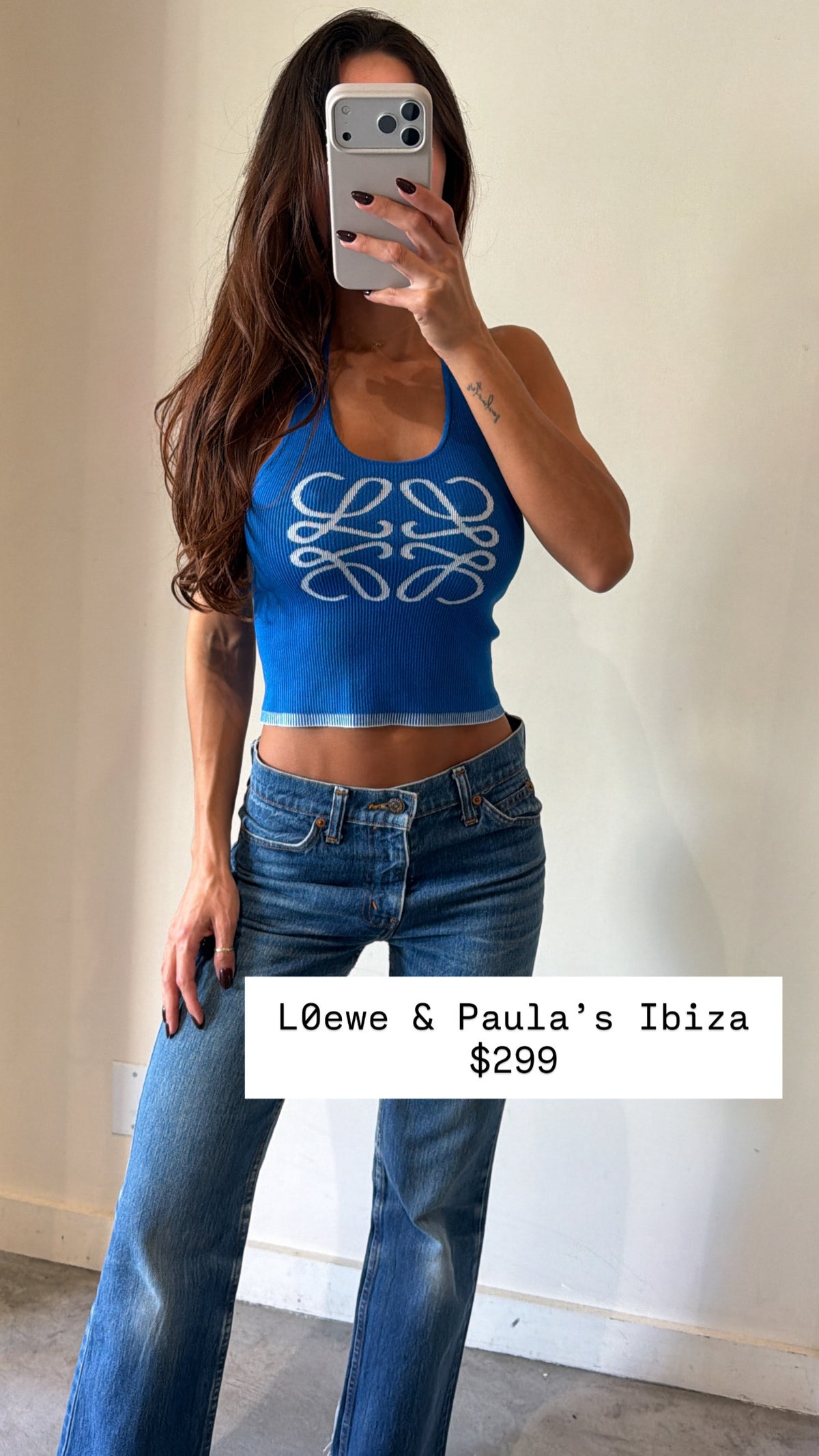 Loewe & Paula's Ibiza Blue Knit Halter Top With White Logo On Front Size Xs