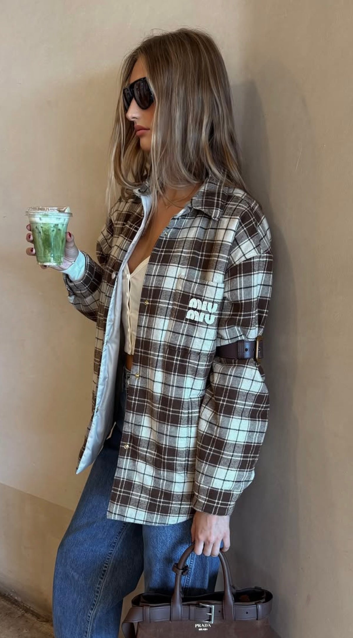 Miu Miu Brown Plaid Oversized Wool-Blend Overshirt Jacket